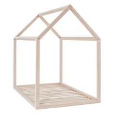 a wooden doll house bed frame with a white roof and two windows on each side