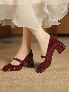 Round-Toe Shallow Cut Split-Joint Mary Janes Pumps BURGUNDY-US 8 | EU 38 2/3 | UK 5.5 | CN 39 Lady Clothes, Zapatos Mary Jane, Rough Heels, Strappy Block Heels, Style Français, Round Toe Pumps, Chunky High Heels, Mary Jane Pumps, Jairzinho