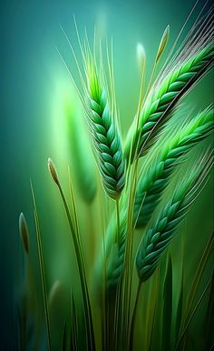 some green plants with long stems in front of a blue and green background, that is blurry