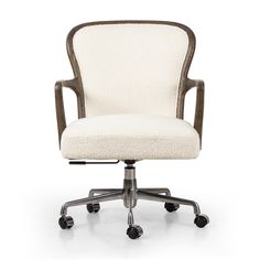 a white office chair with wheels and casteors on an isolated white background, front view