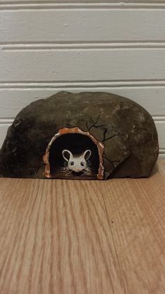 a rock with a mouse in it on top of a wooden floor next to a white wall