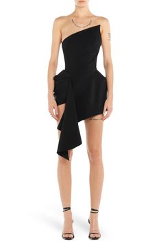 Mugler's extreme styling defines this hourglass-shaped minidress designed with a barbed neckline and tumbling cascade hem. A touch of virgin wool lends season-spanning warmth to this refreshingly asymmetric number. 22" to 37" center front length (size 44FR) Hidden back-zip closure Asymmetric neck Strapless Cupro lining 76% viscose, 24% virgin wool Dry clean Made in Portugal Designer Clothing Mugler Fashion, Scarf Knots, Number 22, Concert Looks, New Years Dress, Tailored Dress, Blazer Dress, Bags Shoes, Dress Romper