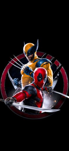 two deadpools in front of a black background with red and yellow stripes on them