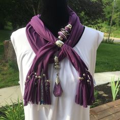 Super Cute Knit Fabric Scarf With Big Chunky Silver Chunky Beads. Comes From A Smoke Free Home Multi-strand Chunky Chain Necklace For Gift, Multi Color Chunky Scarf, Chunky Necklaces Statement Crystal, Purple Bohemian Scarf For Winter, Club Accessories, Big Accessories, Bohemian Purple Scarf One Size, Fabric Scarf, Scarf Necklace