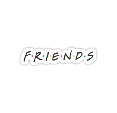 the word friends written in black and white with colorful dots on it, against a white background