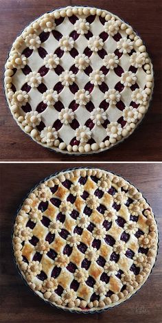 two pies with different toppings sitting on top of each other