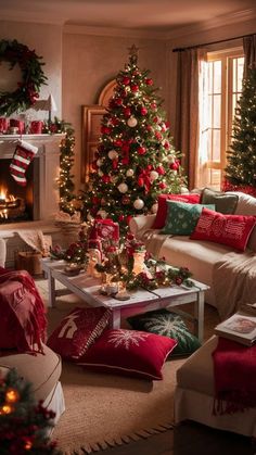 a living room decorated for christmas with red and green decorations on the tree, couches, coffee table and fireplace