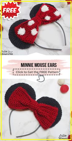 two crocheted minnie mouse ears are shown with the same pattern on each ear