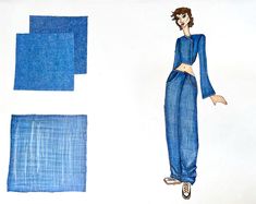 a drawing of a woman in blue clothes with her hands on her hips and the bottom half of her pants rolled up