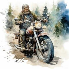 a man riding on the back of a motorcycle down a forest covered road with trees in the background