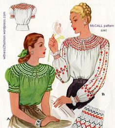 an old fashion sewing pattern from the 1950's shows two women with flowers in their hands