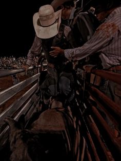 two men in cowboy hats standing on a wooden fence next to a horse at night