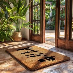 a door mat with paw prints on it in front of an open doorway and potted plant