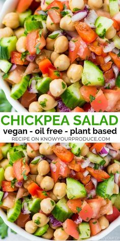 chickpea salad in a white bowl with the title above it