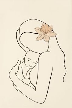 a drawing of a woman holding a baby with a flower in her hair and wearing a hat