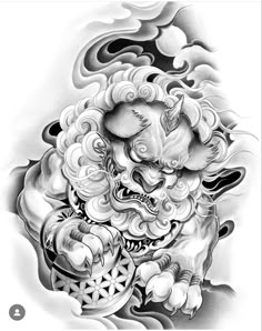 a black and white drawing of a demon with clouds in the sky behind it's head