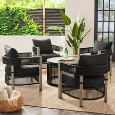 a living room filled with black furniture next to a plant on top of a rug