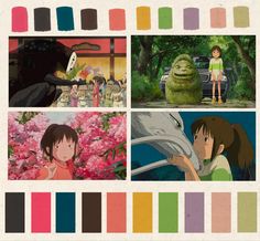 Lush color palette from the anime Spirited Awat anime miyazaki spiritedaway colorpallete Colour Palette For Character, Colour Palette Anime, Anime Color Schemes, Studio Ghibli Color Pallete, Studio Ghibli Colour Palette, Anime Character Color Palette, 90s Anime Color Palette