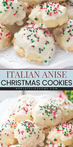 italian christmas cookies with white frosting and sprinkles are on a plate