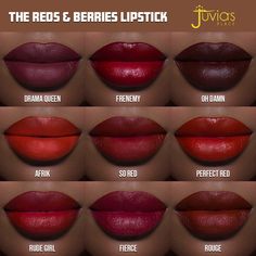 The Reds and Berries Velvety Matte Lipstick collection offer 9 drama-filled lipstick colors in red and burgundy shades that show beautifully on the deepest-dark to fairest complexions. Each lipstick is hydrating, highly pigmented, creamy, smooth, and long-lasting. A soft-matte lipstick formula infused with hyaluronic acid for the best application. The Reds: The Perfect Red - Blue Red So Red – Rich Cherry Red Afrik – Blood Red The Deep Reds: Rouge- Deep Wine Red Rude Girl – Dark Red Fierce – Burg Wine Red Lipstick, Burgundy Shades, Deep Red Lipsticks, Red Lipstick Shades, Lipstick Dark Red, Burgundy Lips, Burgundy Lipstick, Fall Lips, Lipstick For Dark Skin