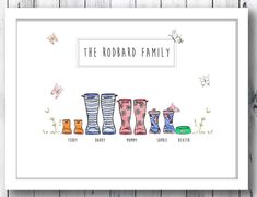 a card with the words'the rodard family'in colorful rain boots and butterflies