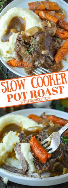 two plates of slow cooker pot roast with carrots and mashed potatoes