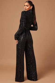 Paloma Sequin Jumpsuit - Black/Black | Fashion Nova, Luxe | Fashion Nova Jumpsuit Elegant Chic, Sequin Jumpsuit Long Sleeve, Black Sequin Jumpsuit, 70s Jumpsuit, Glitter Jumpsuit, Jumpsuit For Wedding Guest, Jumpsuit Long Sleeve, Jumpsuit Long, Sequin Jumpsuit