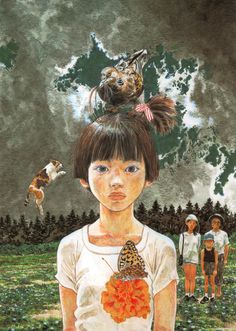 a painting of a girl with a butterfly on her head and other children in the background