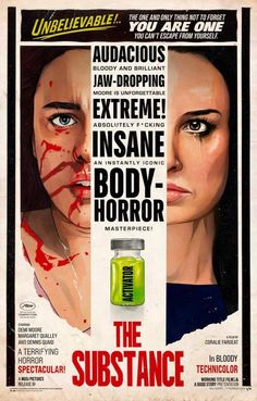 the substance movie poster with two women and one man's face covered in blood