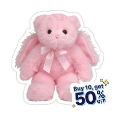 a pink teddy bear sitting on top of a sticker with the price 50 off