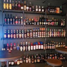 the shelves are filled with bottles of alcohol