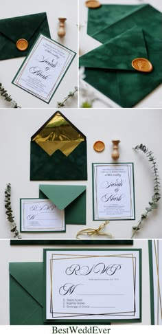 green and gold wedding stationery with matching envelopes, wax stampers, and calligraphy