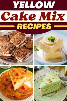 yellow cake mix recipe collage with different types of cakes and desserts on plates