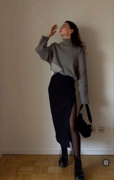 Look classy and sassy during the winter. Follow for dayli dose of fashion #skirtfashion #classy Stylish Outfits 2023 Winter, Doc Martin And Skirt Outfit, 30 Woman Style, Bday Outfit Ideas Casual Winter, Style Long Dress Winter, Winter Style 2023/2024, Relaxed Professional Outfits Women, Buisness Casual Women Outfits Chic Fall, Long Black Skirt With Sweater