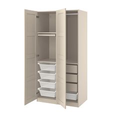 an open closet with white containers and baskets on the bottom shelf, in front of a white background