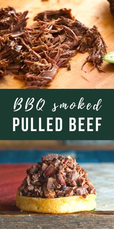 bbq smoked pulled beef on a wooden cutting board