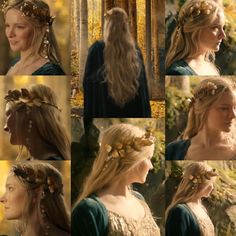 several pictures of a woman with long hair and flowers in her hair, wearing a green dress