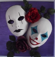 two white masks with red roses on purple background