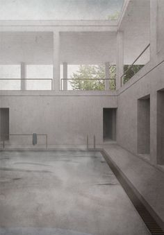 an empty swimming pool in the middle of a room with large windows and concrete walls