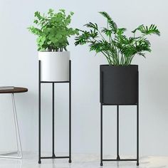 two black and white planters with green plants in them next to a small table