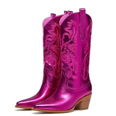 PRICES MAY VARY. 👢[Pull up Tabs] These embroidered metallic fuchsia cowboy boots are especially designed both sides with pull on tabs,which is easy to put on and take off. 👢[Suitable medium heel height] The heel height of these western metallic hot pink cowgirl boots is about 6.4cm/2.5 inches. You will not feel tired even wear on them for a long time. 👢[Classic Embroidery Design] These hot pink cowboy boots for women are designed with classic embroidery. Pull-on style for easy put on and take Metallic Cowboy Boots, Cowboy Boots For Women, Pink Cowboy Boots, Pink Cowgirl Boots, Pink Cowboy, Metallic Boots, Boot Pulls, Pink Boots, Cowboy Boots Women