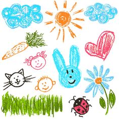 children's hand drawn pictures of animals and flowers