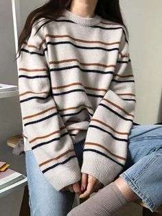 Style: Casual/Street/Y2K/Preppy/Vintage/SweetFabric Content: Polyester BlendFit Type: Regular fitNeckline: U NeckSleeve Length: Long Sleeve Y2k Preppy, Preppy Vintage, Street Y2k, New Student, Oversize Pullover, Pull Oversize, Easy Trendy Outfits, Sweaters Online, U Neck