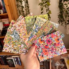 a person holding up four different colored papers in their hand, with plants behind them