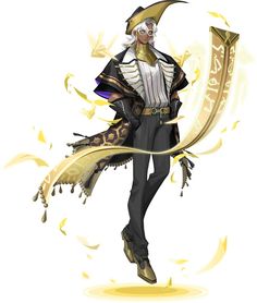 an anime character is dressed in black and white with gold trimmings on her coat