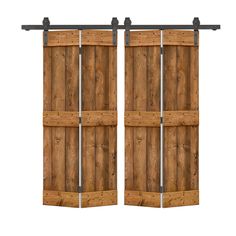 two wooden shutters with metal bars on each side and the top section open to show wood