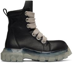 Ankle-high grained leather boots in black. · Lace-up closure · Pull-loop at heel collar · Transparent lugged rubber platform sole · Platform: 2.5 in Supplier color: Black/Clear Bozo Tractor Boots, Fall Winter Shoes, Rick Owens Men, Shoes Boots Ankle, Moon Boots, Fashion Wishlist, Buckle Boots, Wearing Clothes, Winter Shoes