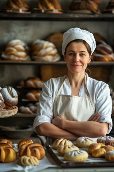 a woman is standing in front of some baked goods