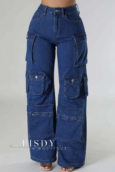 Fisdy - Vaqueros clásicos rectos de cintura alta con patchwork de inspiración callejera, bolsillos funcionales y cierre de cremallera Casual Wide Leg Jeans, Denim Street Style, Straight Denim Jeans, Premium Denim Jeans, Crop Top Dress, Fashion Baby, Vintage Casual, Cargo Jeans, Premium Denim