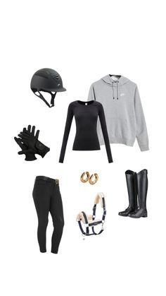 a woman's outfit is shown with riding gear